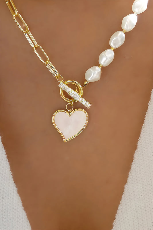 Gold Heart Shape Pendant Rhinestone Decor Pearl Chain Necklac