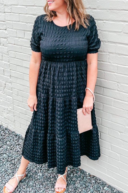 Black Plus Size Textured Tiered Short Sleeve Maxi Dress