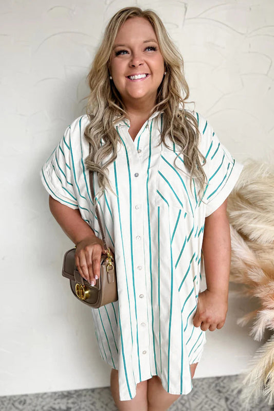 Green Stripe Plus Size Short Sleeve Buttoned Shirt Dress