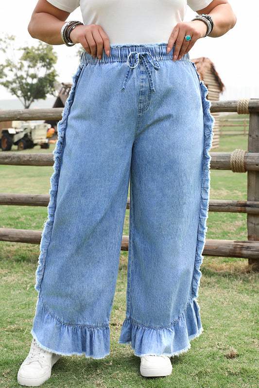 Blue Plus Size Lace up Waist Ruffled Trim Ankle Length Jeans
