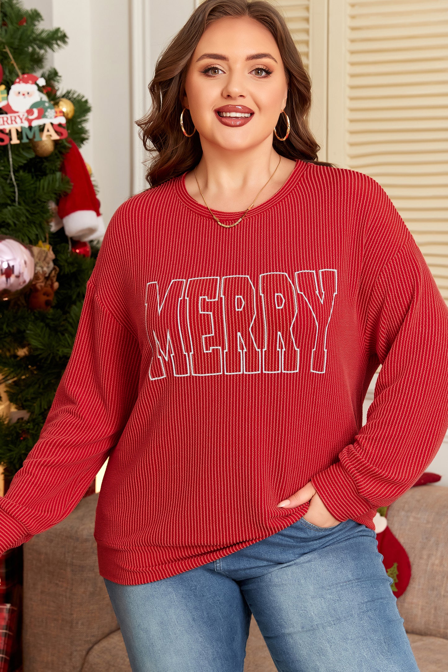 Fiery Red Twist Ribbed MERRY Letter Graphic Plus Size Pullover