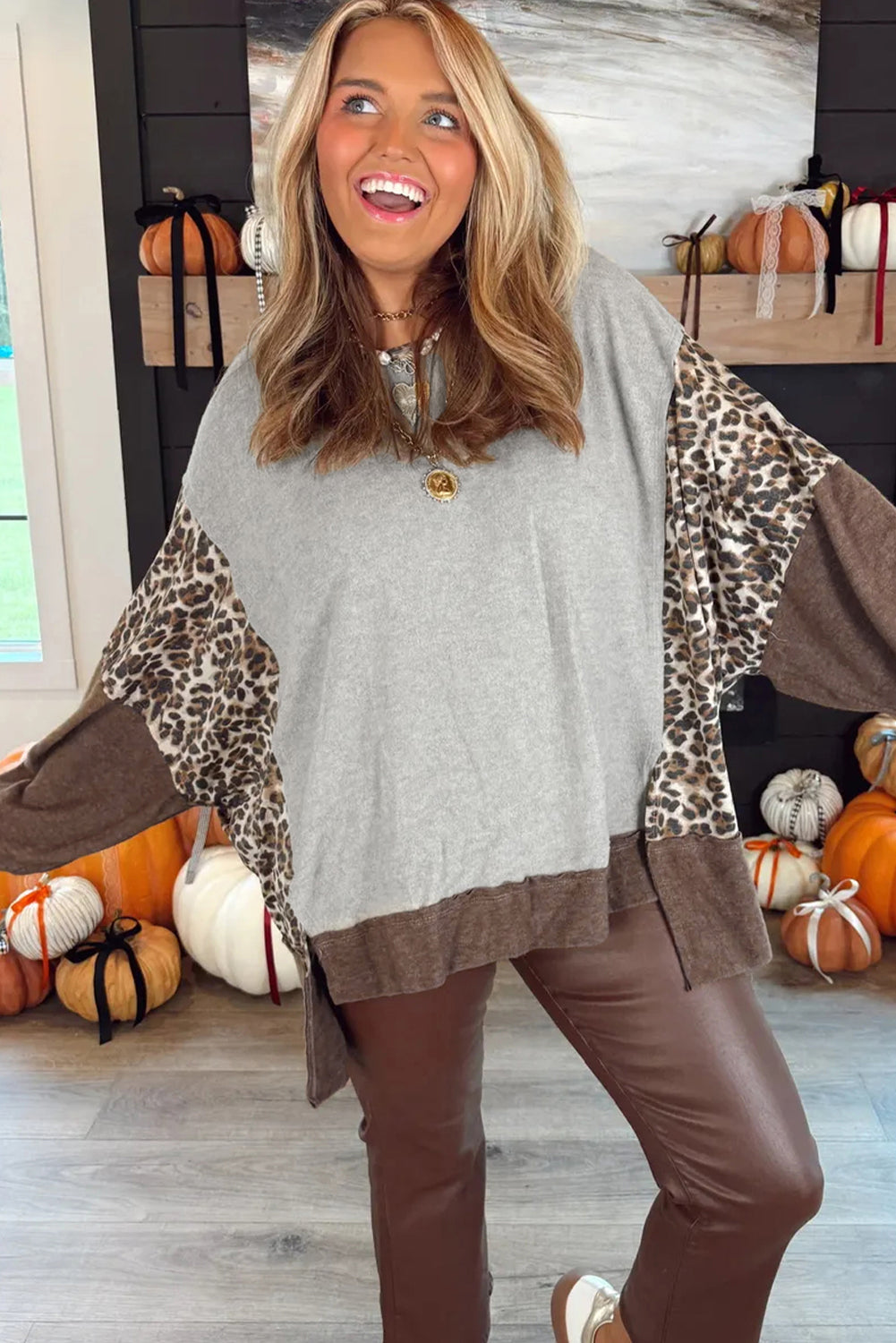 Gray Plus Size Leopard Color Block Patchwork Dolman Sweatshirt