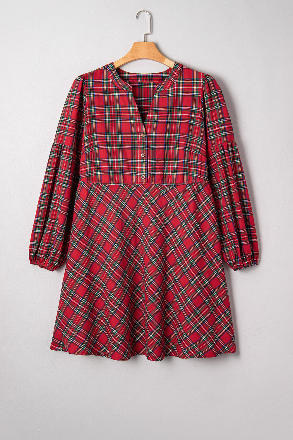 Red Plus Size Plaid Half Button Long Sleeve Holiday Dress