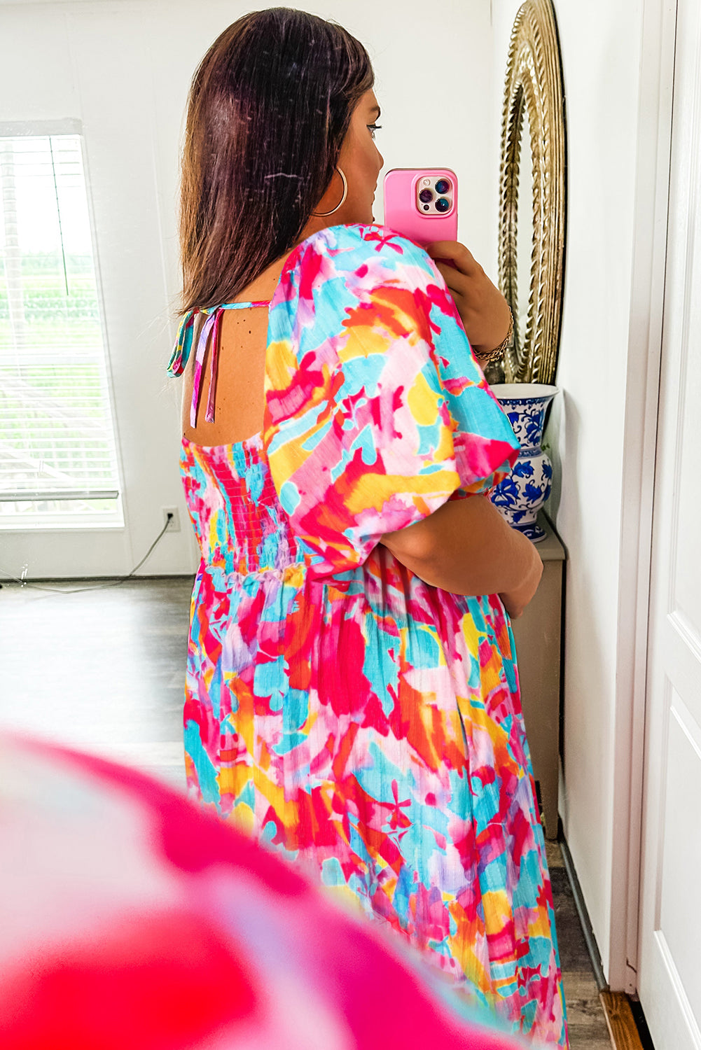 Rose Abstract Printed Puff Sleeve Square Neck Smocked Bust Tied Back Plus Size Dress