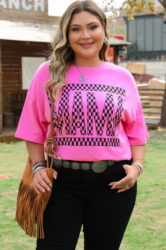 Bright Pink Checker MAMA Letter Printed Graphic Plus Size T Shirt