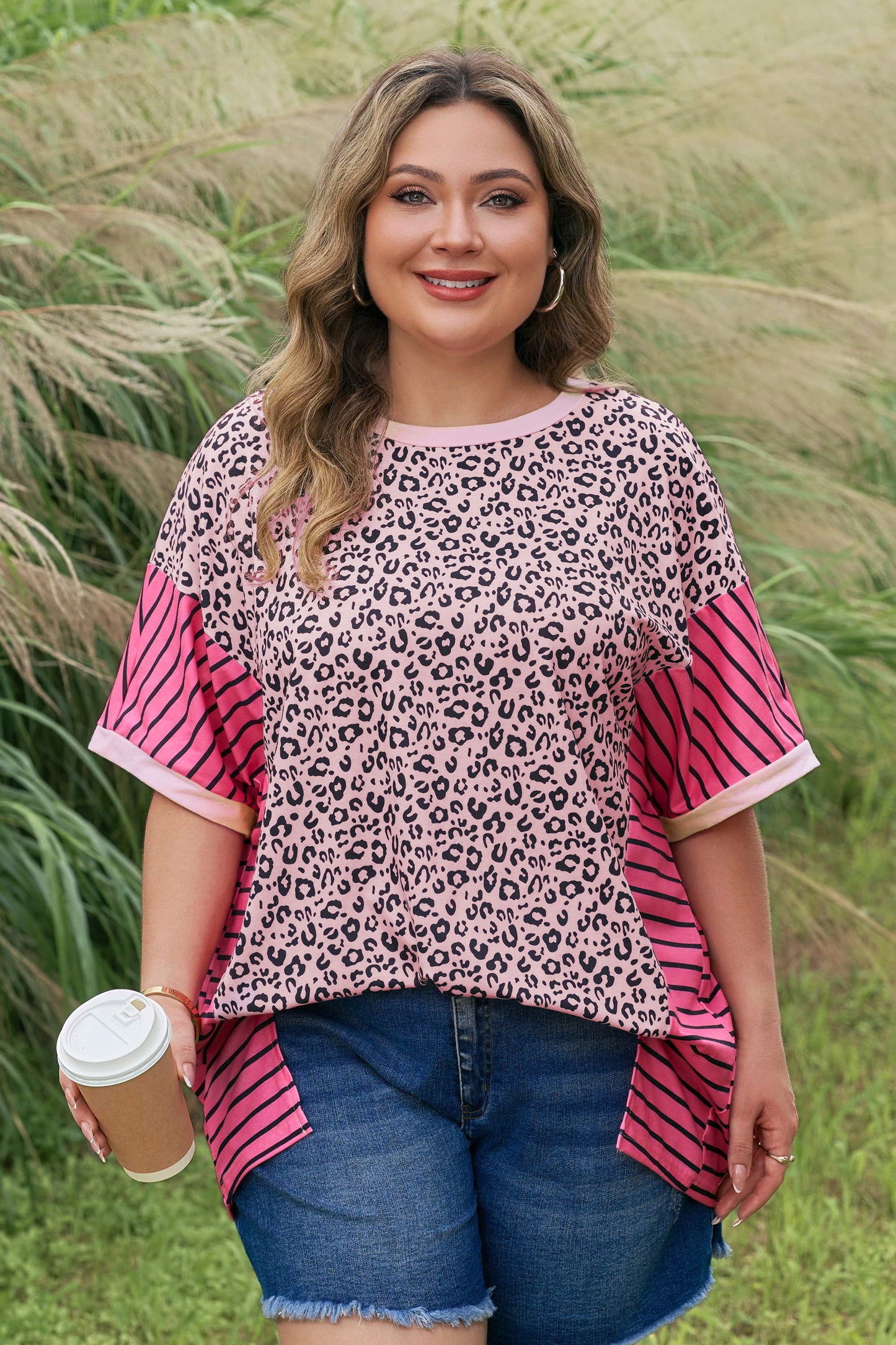 Pink Leopard Striped Contrast Patchwork Plus Size Tee