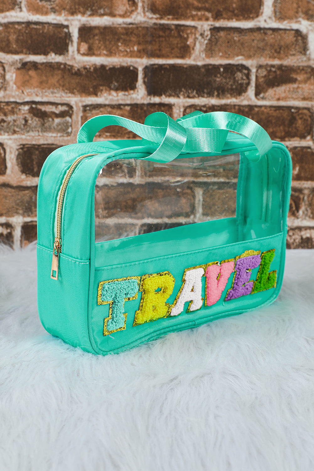 Mint Green TRAVEL Chenille Letter Clear PVC Makeup Bag